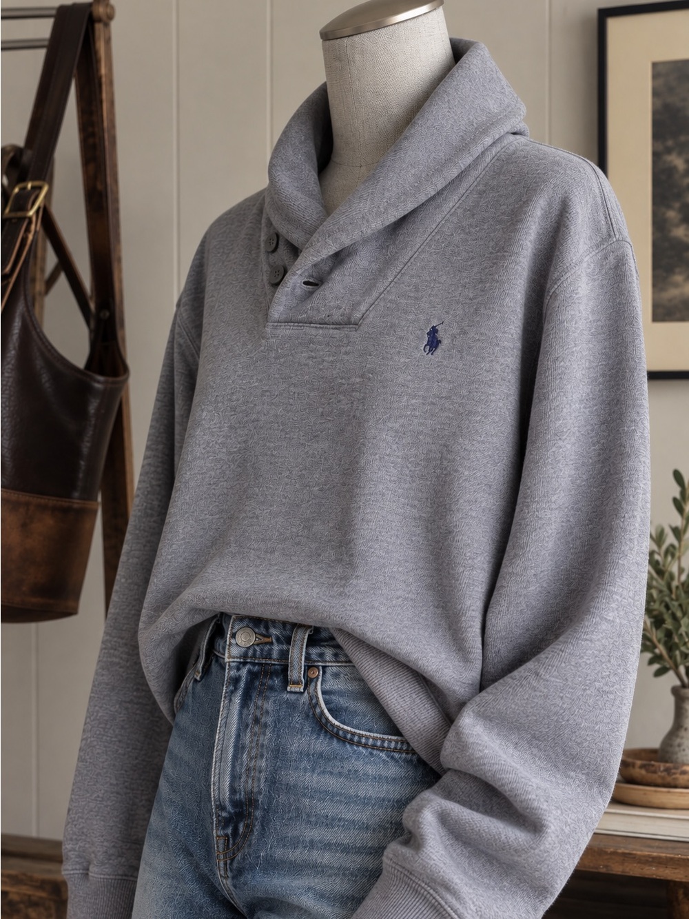 Vintage 90’s Ralph Lauren L Shawl Collar Sweatshirt Gray Unisex preppy